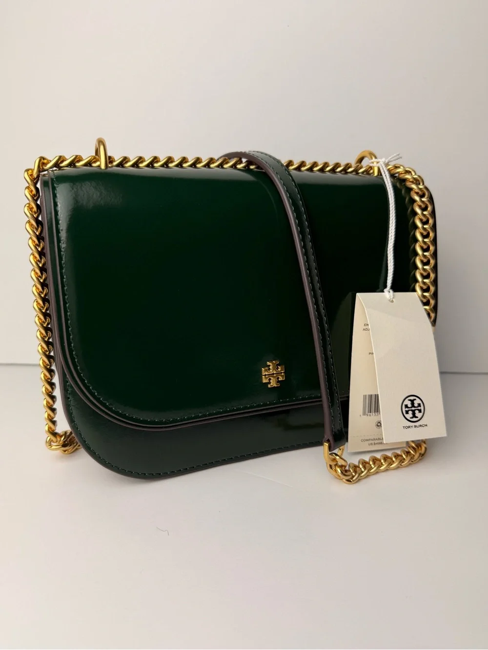 Tory Burch Emerson Patent Flap Adjustable Shoulder Bag Pine Tree Green / Gold